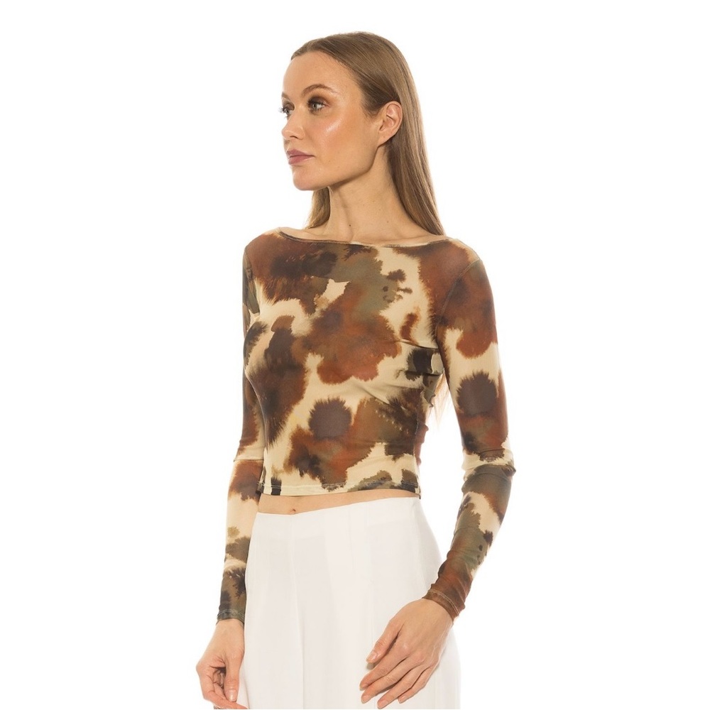 ALEXIA ADMOR Opal Boatneck Sheer Mesh Long Sleeve Top
